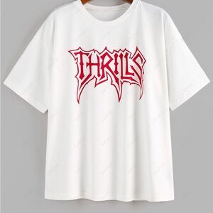 Zaful Thrills graphic drop shoulder White T Red Logo SZ:L UNISEX Super Soft EUC
